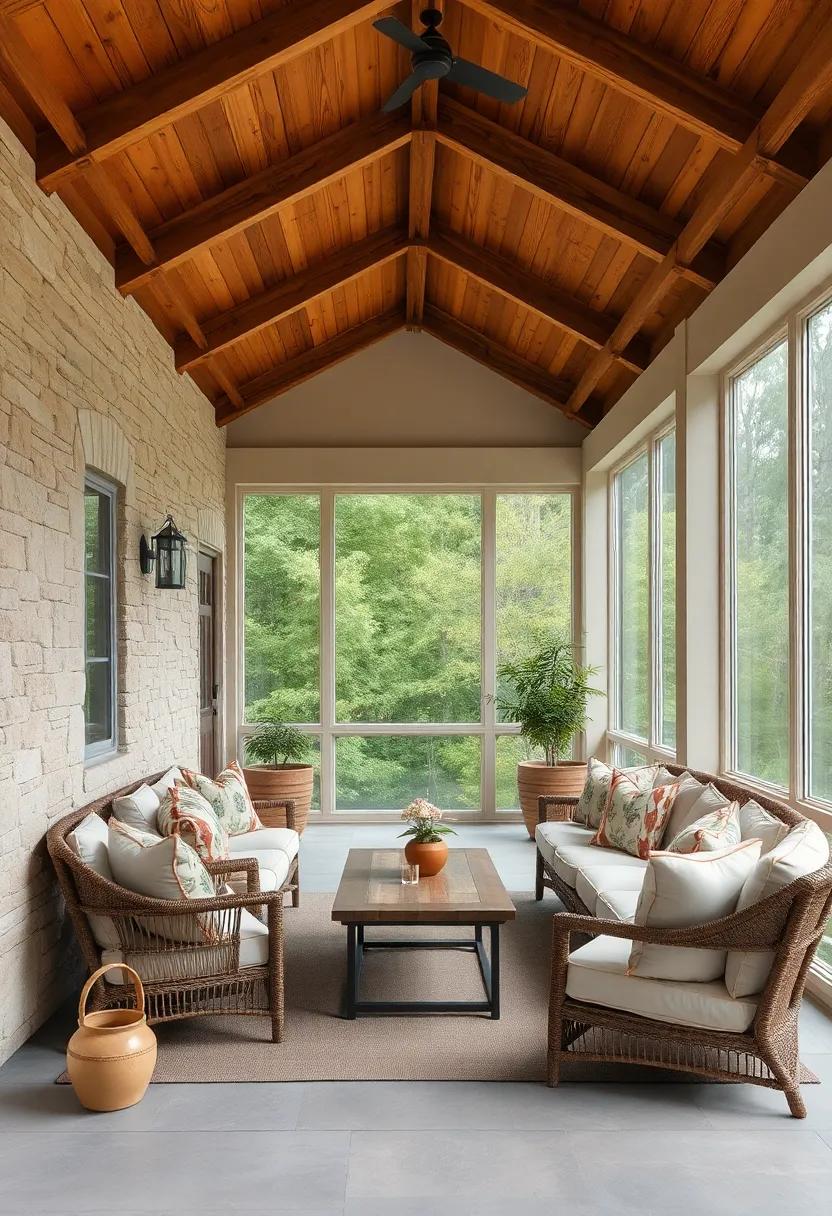 A Rustic Farmhouse Screened Porch with Bold Wooden Beams Overhead and Simple Natural Furnishings