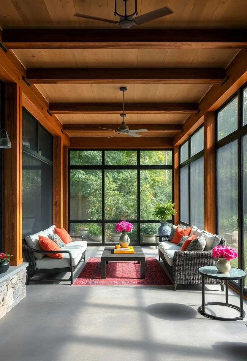 Sturdy Wooden Beams Supporting a Comfortable Lounge Area Surrounded by Insect-Proof Screens