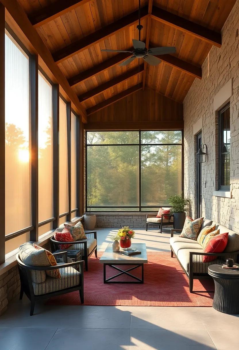 Sunset Shadows Casting Dramatic Patterns Through Screened Openings and Architectural Beams