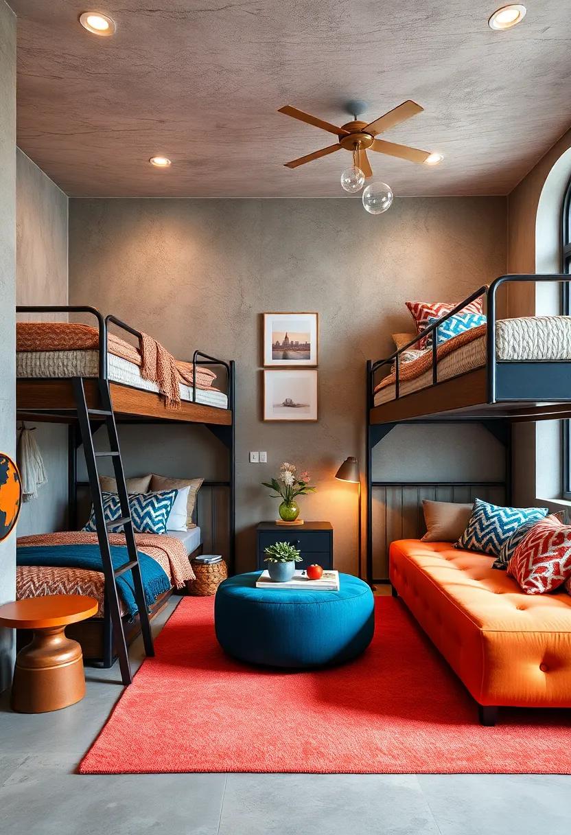 Bold Color Blocking and Pattern Mixing to Define Personal Space in Shared Bunk Bed Rooms
