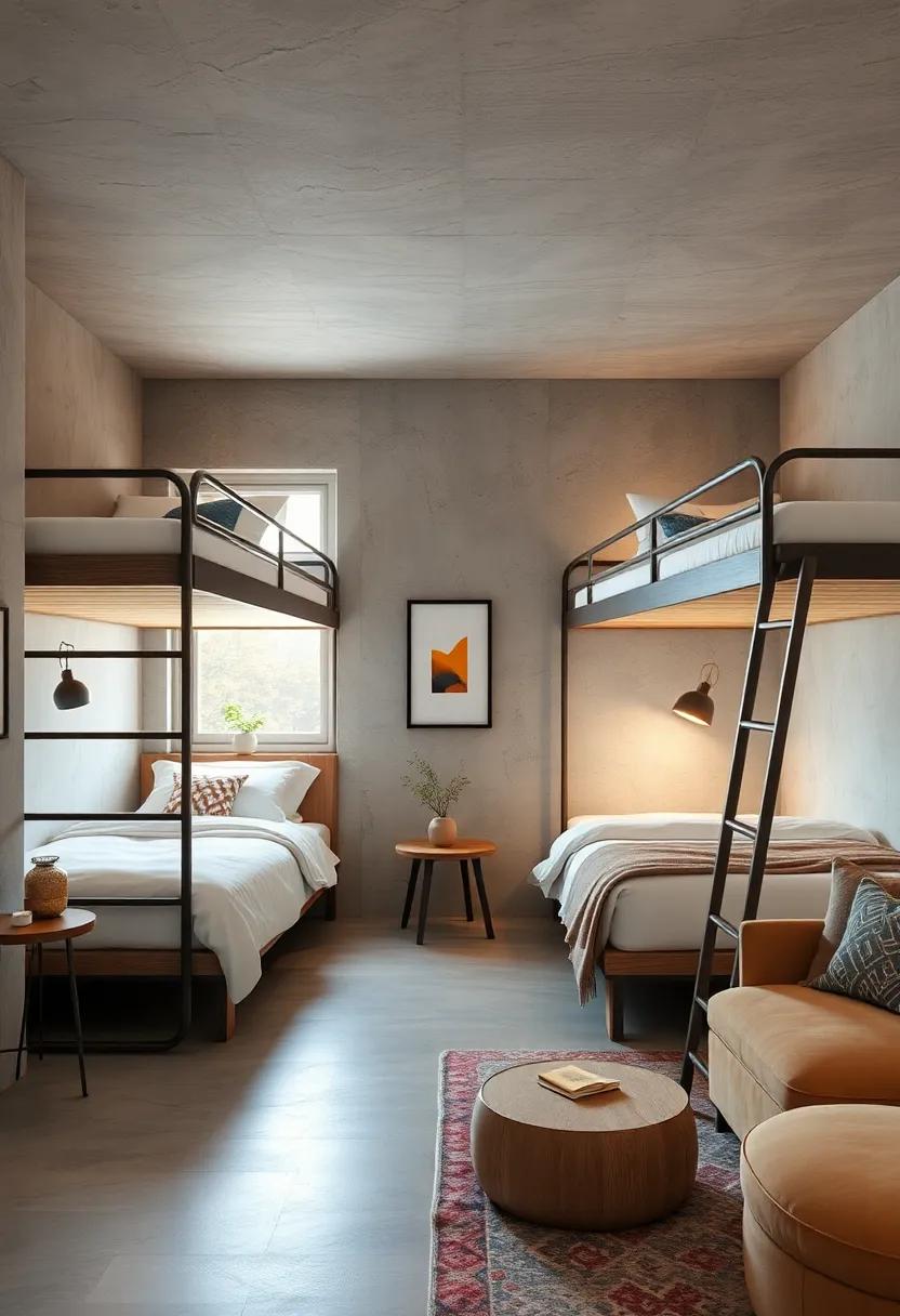 Open Concept Shared Bunk Bedrooms Featuring Uncluttered Lines and Light-Reflecting Materials