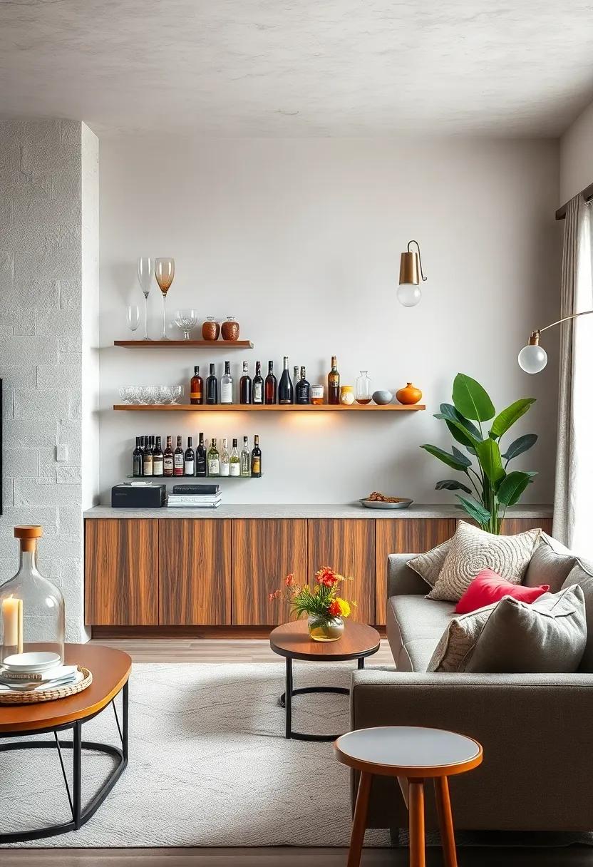 Showcasing Glassware and Bottles as Decorative Elements on Floating Shelves