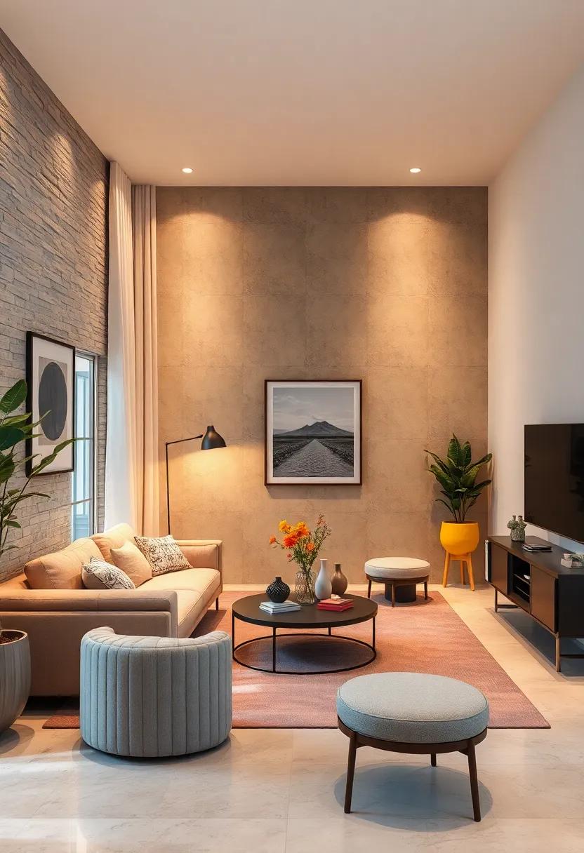 Low-Level Ambient Lighting Fixtures Casting a Warm Glow in Intimate Living Rooms