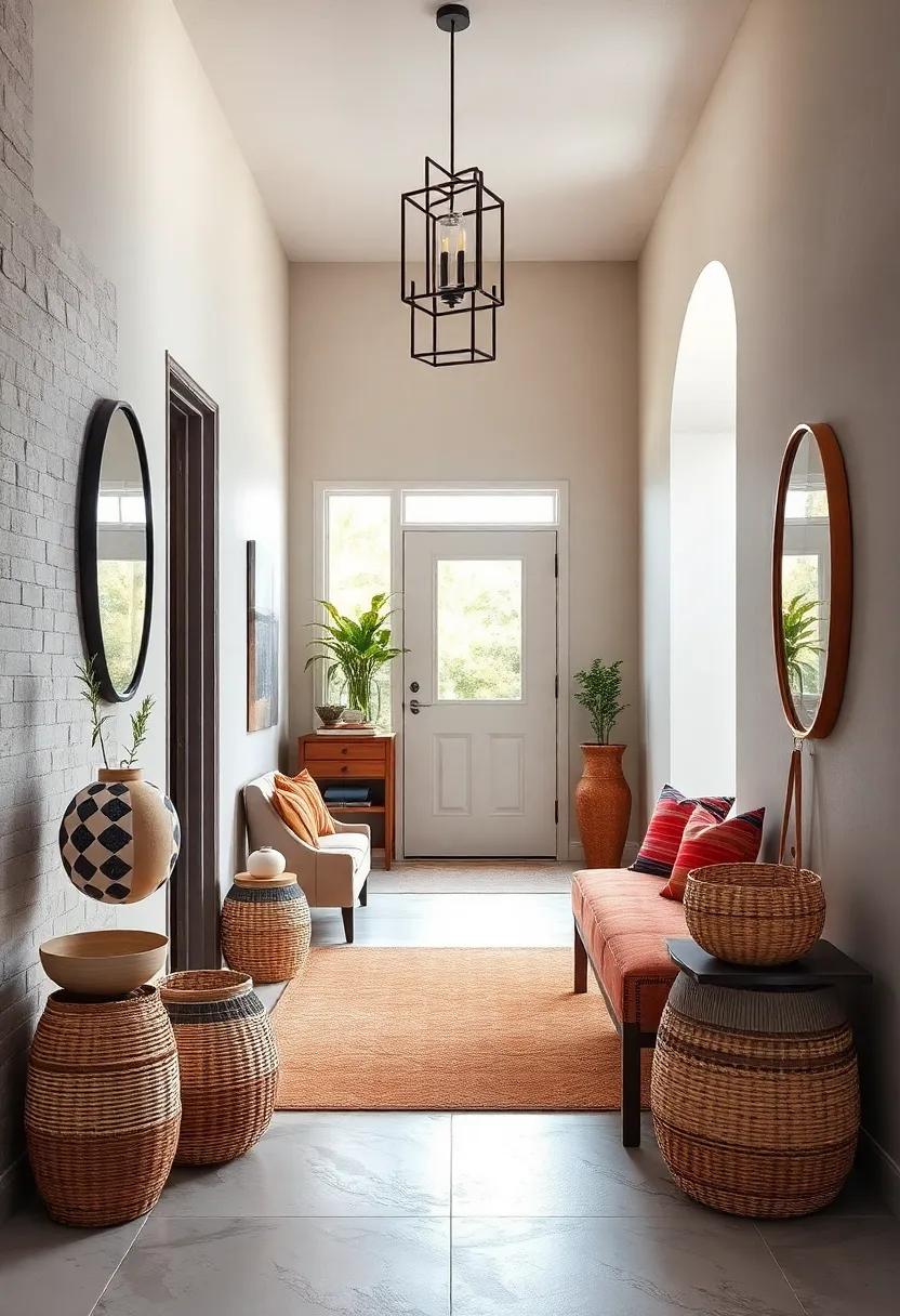 Accessorize Small Entryways with Artistic Ceramic Bowls and Handwoven Storage Baskets for Functional Elegance