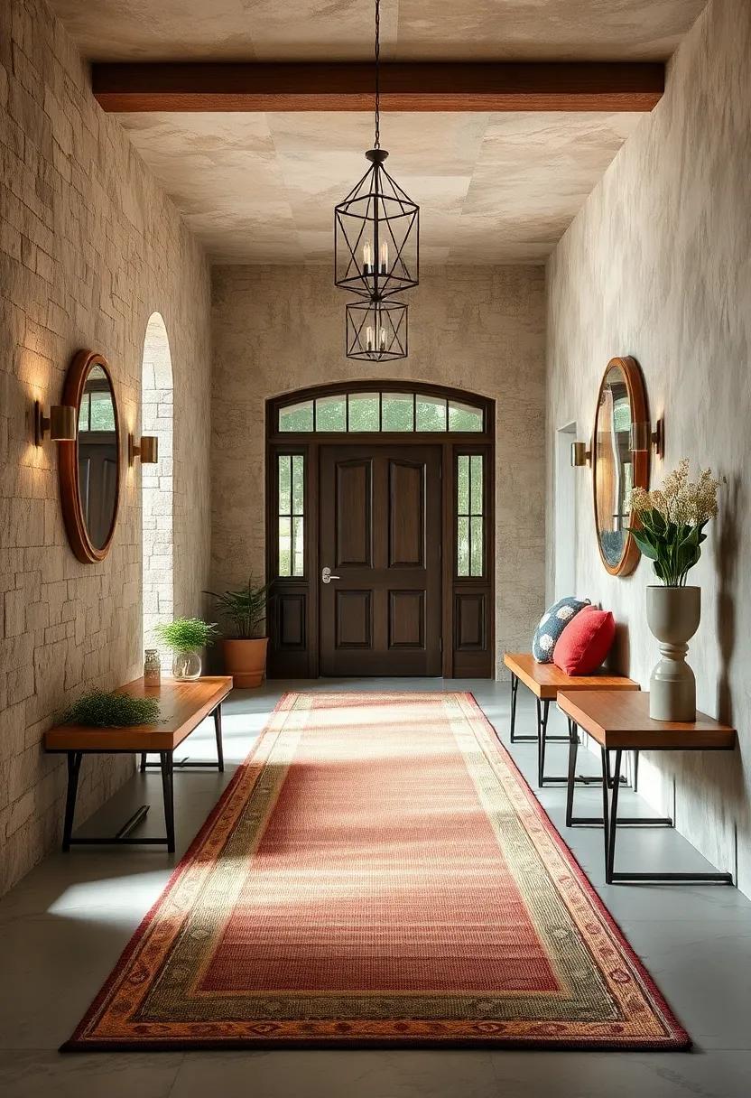 Create a Cozy Entry with Layered Rugs, Textured Wallpaper, and Vintage Wooden Benches
