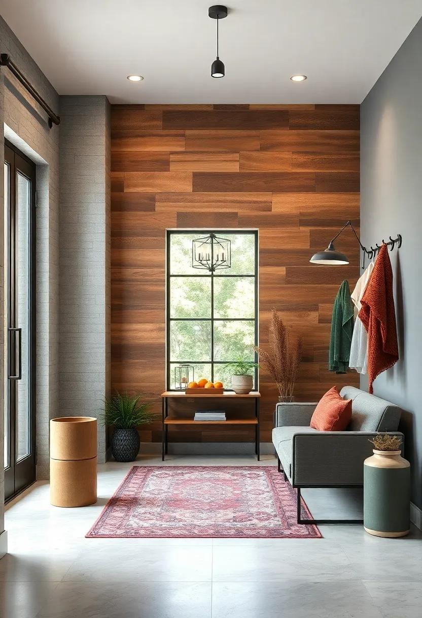 Create a Rustic Vibe with Reclaimed Wood Wall Panels and Metal Coat Racks for a Warm Welcome