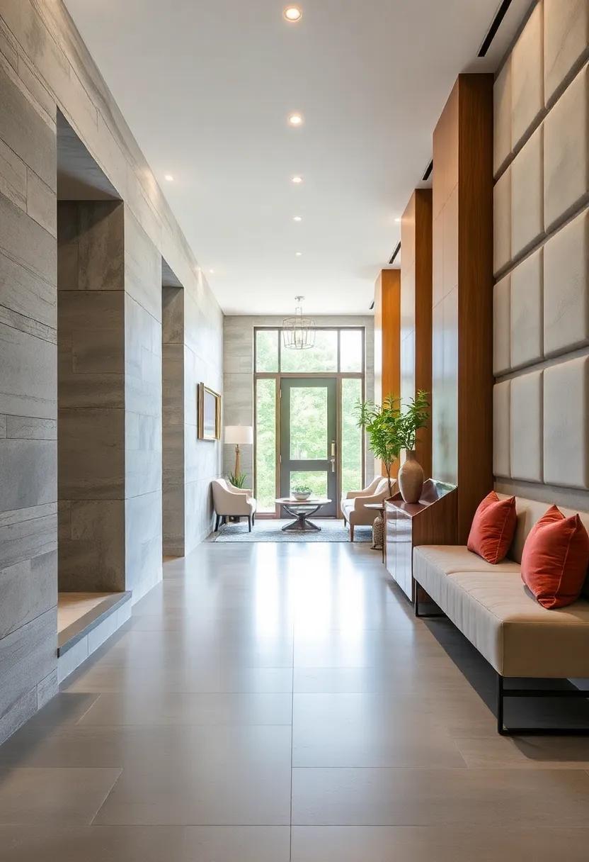 Create an Inviting Passage with Soft Upholstered Wall Panels and Consoled Seating for Comfortable Transitions