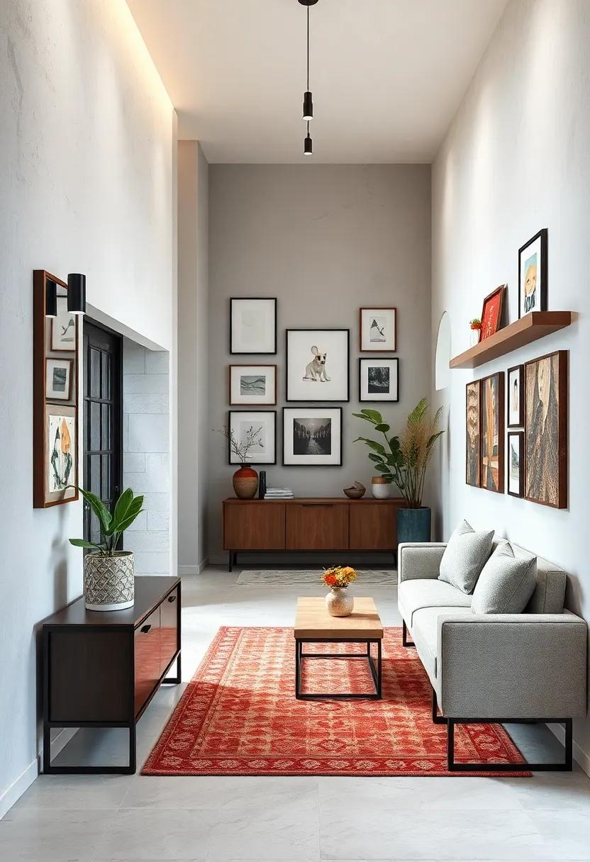 Design an Elegant Entryway Gallery with Unique Frames and Minimalist Floating Ledges for Personal Touch