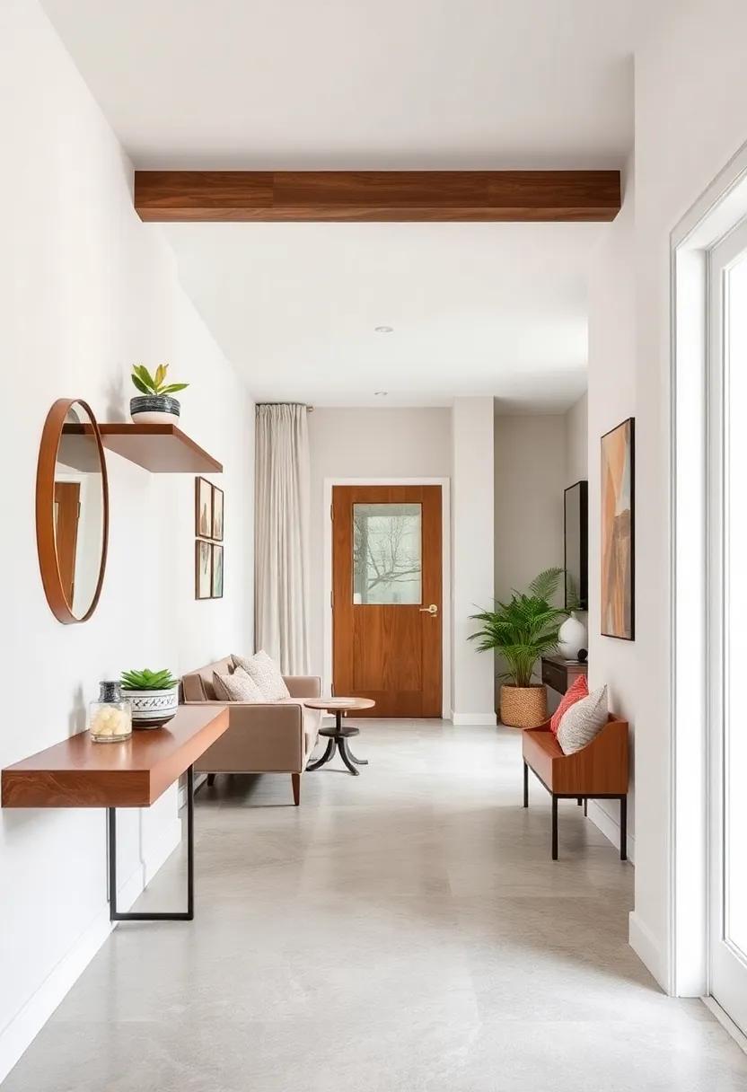 Maximize Narrow Hallways with Slim Floating Shelves and Delicate Wall Hooks for a Stylish Welcome