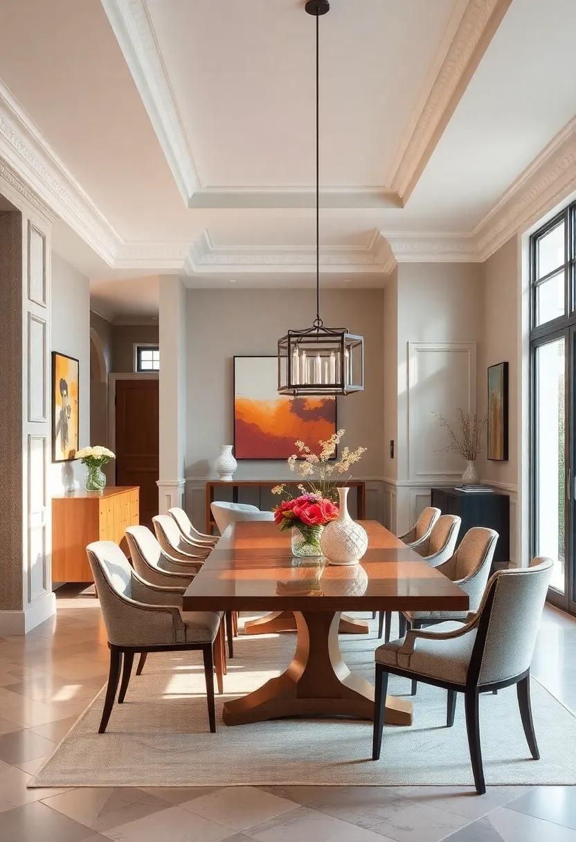 Balancing Ornate Decorative Molding With Clean Lines And Open Layouts In A Transitional Dining Setting