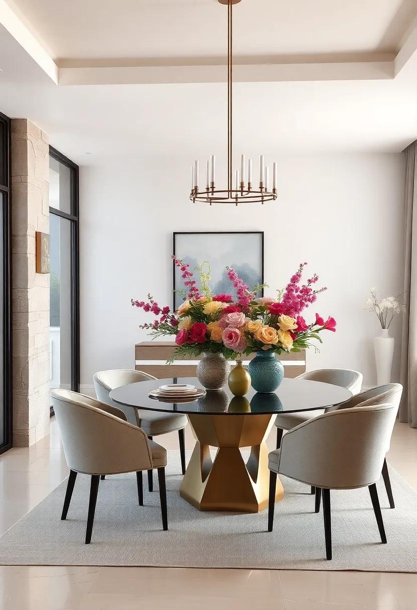 Displaying A Balanced Arrangement Of Classic Floral Arrangements With Sculptural Contemporary Vases