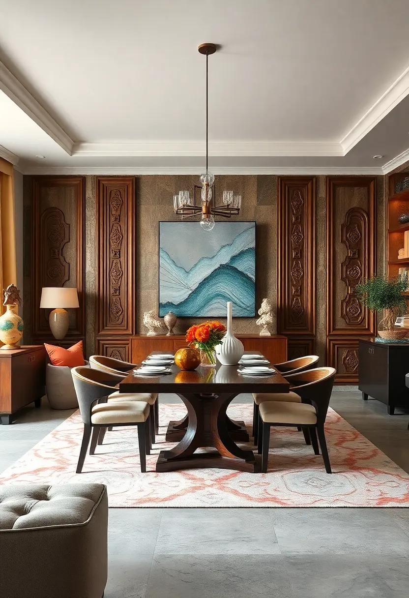 Mixing Timeless Wood Carvings With Contemporary Abstract Sculptures For An Eclectic Dining Experience