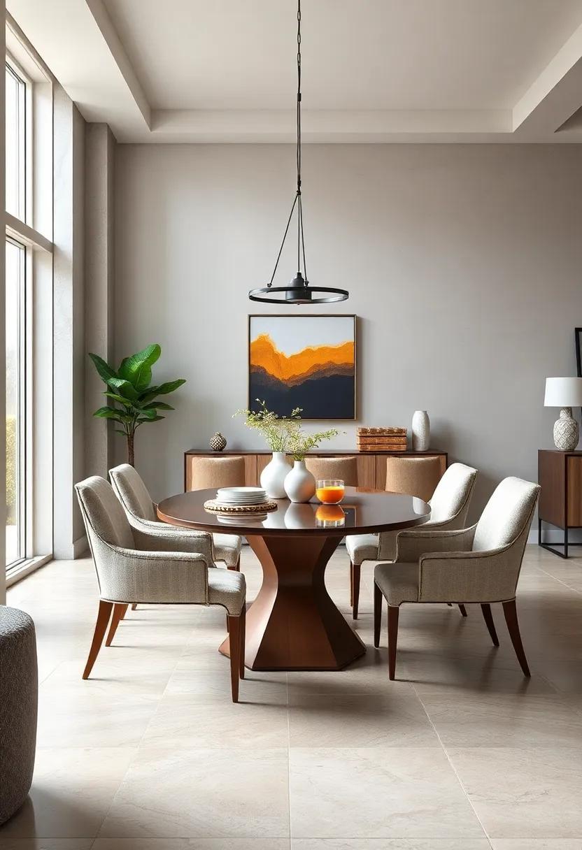 Showcasing Upholstered Chairs With Traditional Silhouettes Paired With Minimalist Table Designs