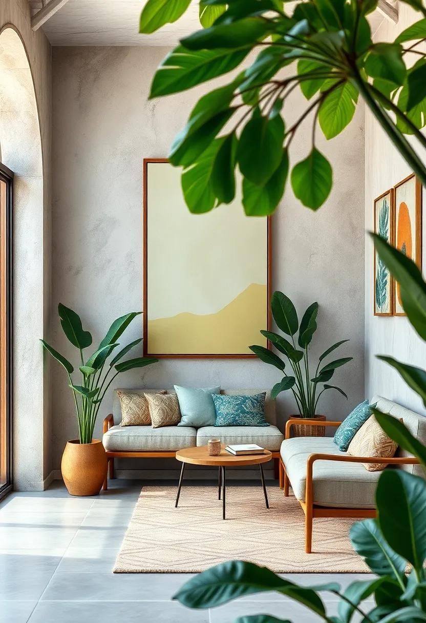 Lush Tropical Leaves Framing a Cozy Indoor Reading Nook with Soft Natural Light