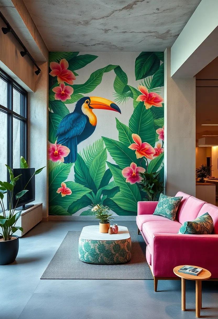 Whimsical Toucan and Orchid Murals Transforming an Office Into a Creative Green Escape