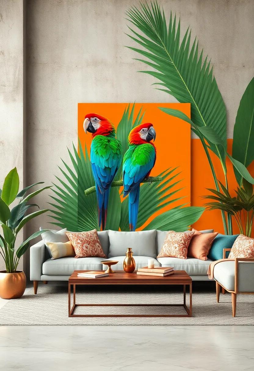 Vibrant Parrots Perched Among Oversized Palm Leaves Against a Bold Colorful Wall