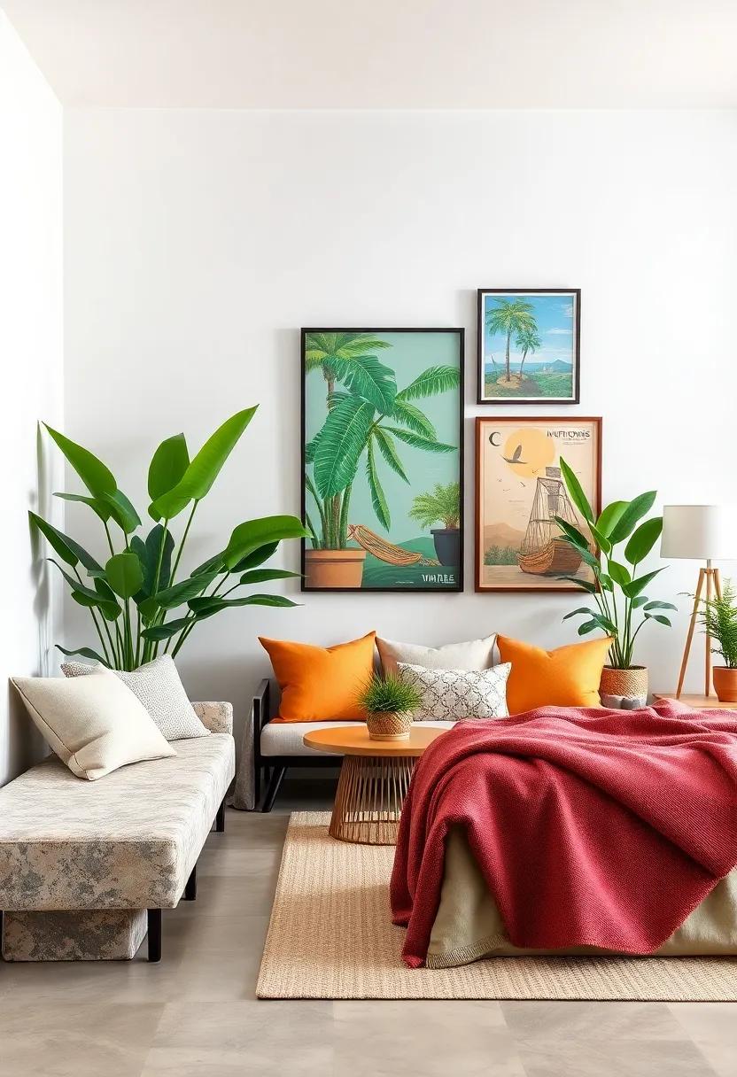 Tropical Plants and Vintage Travel Posters Layered to Inspire Adventure in a Guest Room