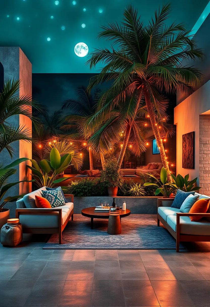Soft Tropical Night Scenes With Glowing Fireflies and Moonlit Palms Creating Magical Mood Light
