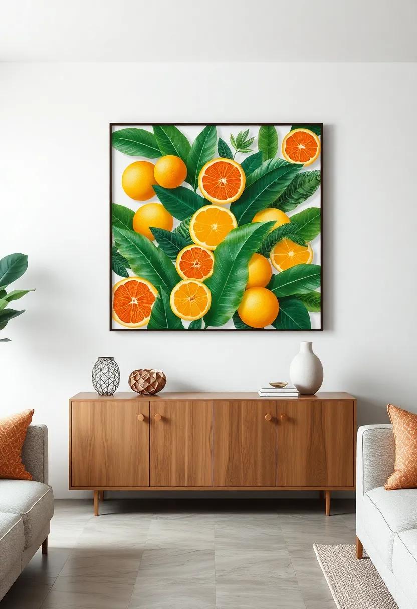 Bright Citrus and Leaf Collages Forming Playful Art Above a Sleek Minimalist Sideboard