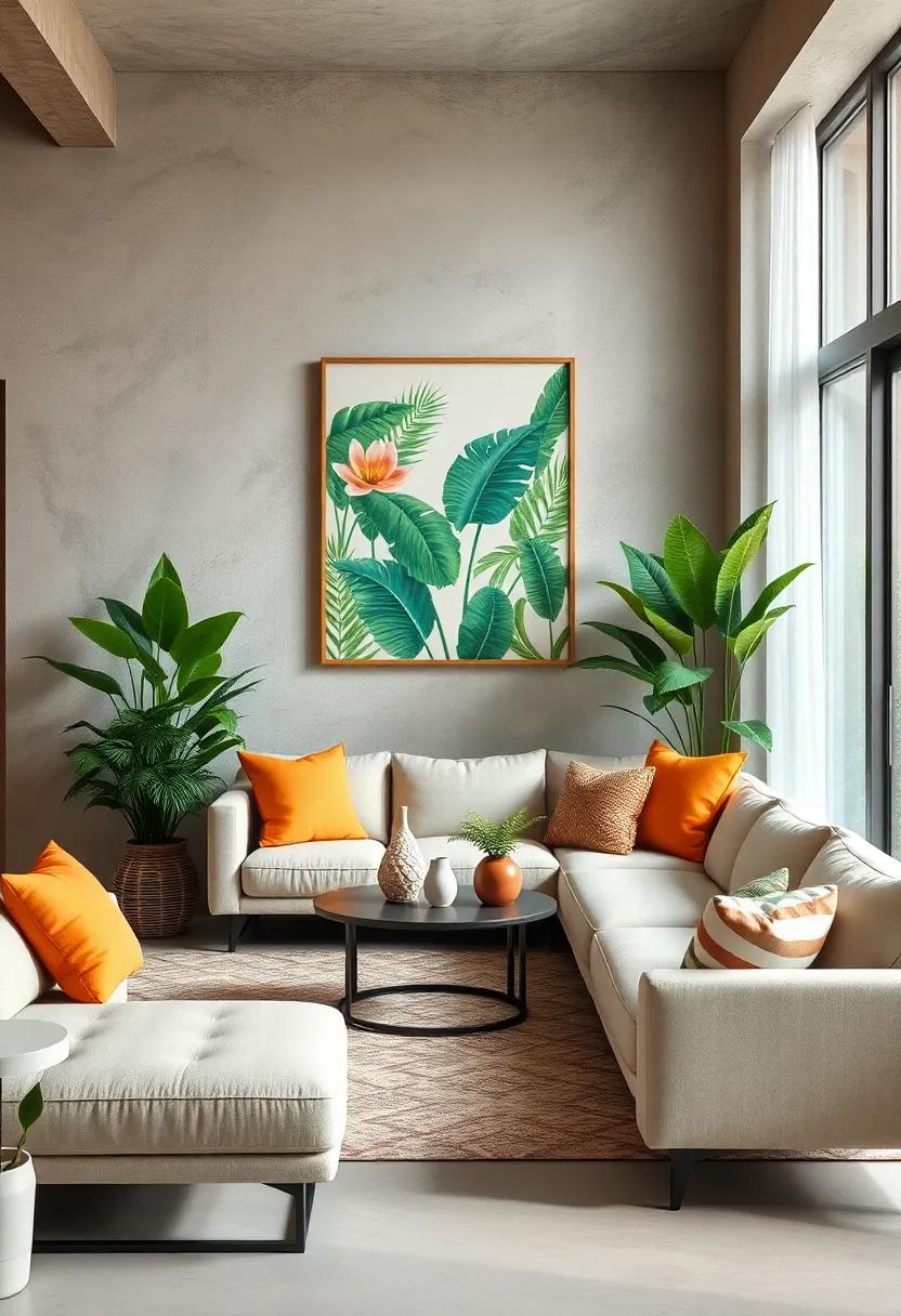 Bright Botanicals and Layered Greenery Combining With Minimalist Sofas in a Modern Apartment