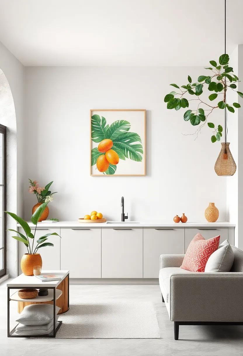 Tropical Fruits and Leafy Branches Popping Against Soft Pastel Backdrops in a Kitchen Setting