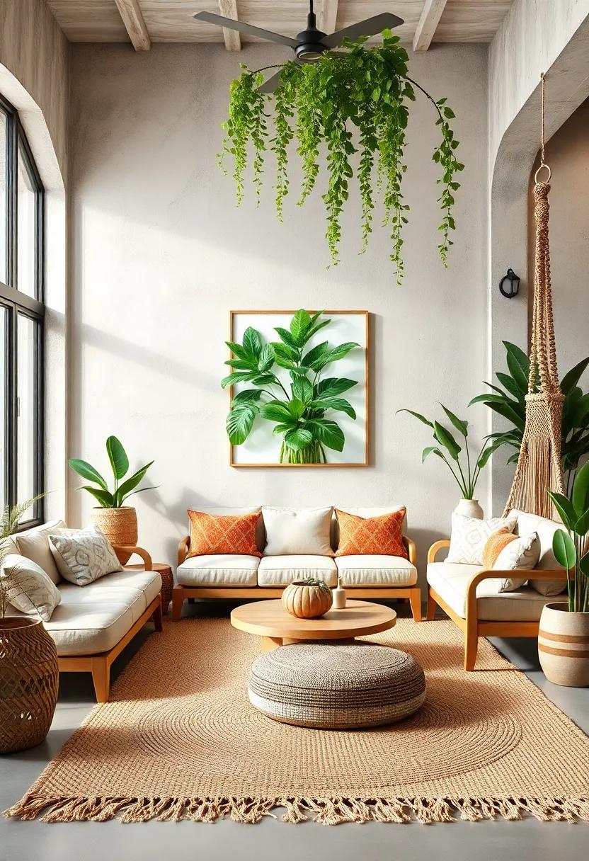 Sun-Kissed Ferns Draped Over Woven Macrame and Natural Fiber Rugs in a Relaxing Lounge