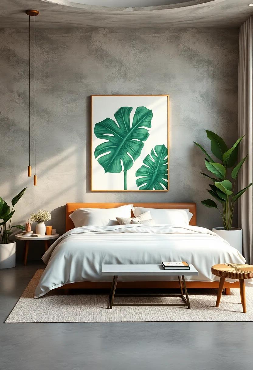 Serene Bedroom Oasis Featuring Large Monstera Leaf Wall Art and Soft Linen Textures