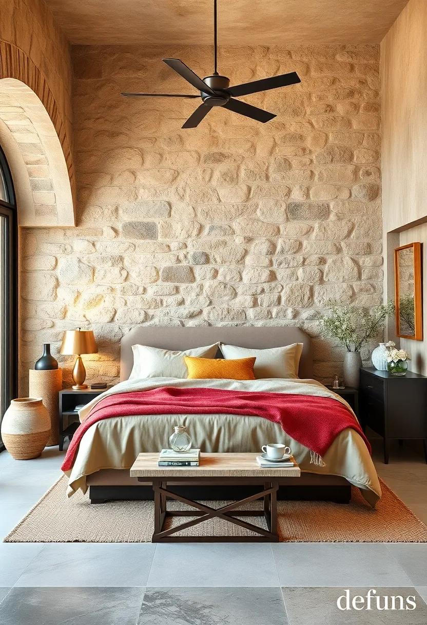 Embracing the Texture and Warmth of Weathered Tuscan Stone Walls in a Cozy Bedroom Sanctuary