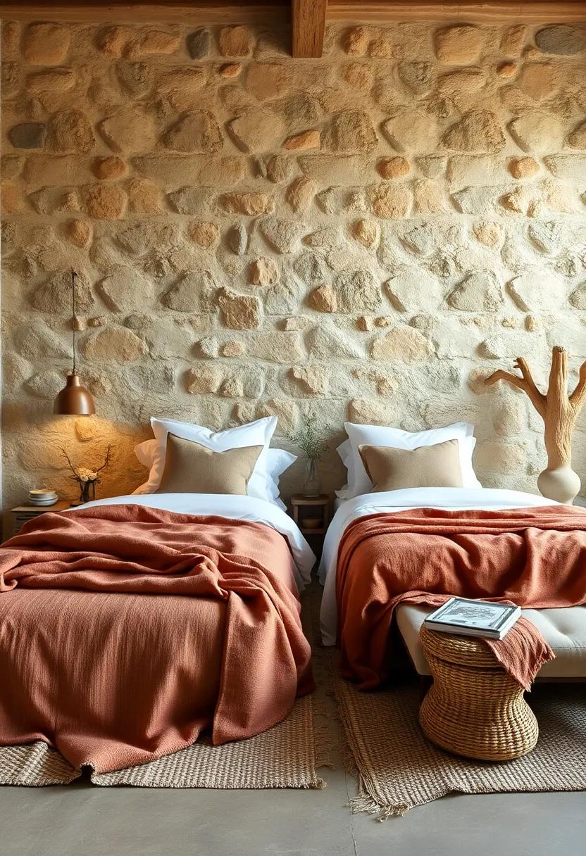 Handwoven Textiles in Warm Earth Colors Draped Over Beds Against Raw Stone Wall Backdrops
