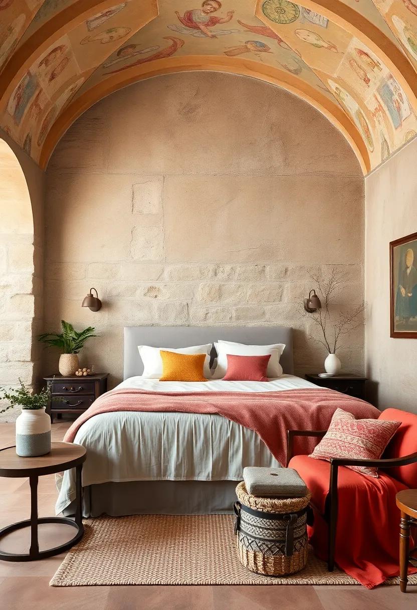 Faded Frescoes and Subtle Stucco Detail Blending With Stone Walls for an Authentic Vintage Bedroom Feel