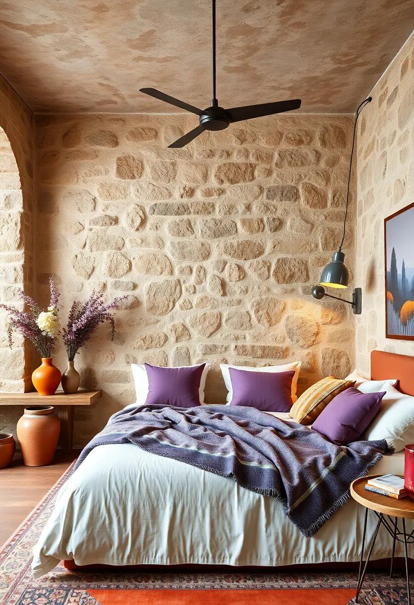 Lavender and Terracotta Accents Against Textured Walls Evoking the Charm of Tuscan Countryside Bedrooms