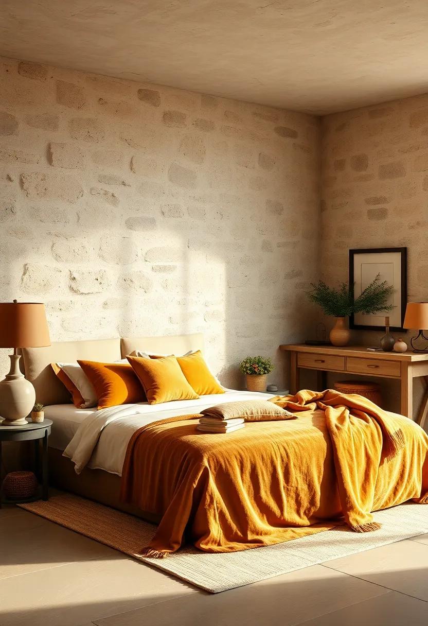 Golden Velvet Cushions and Earthy Linen Throws Creating a Comfortable Retreat Alongside Rustic Stone
