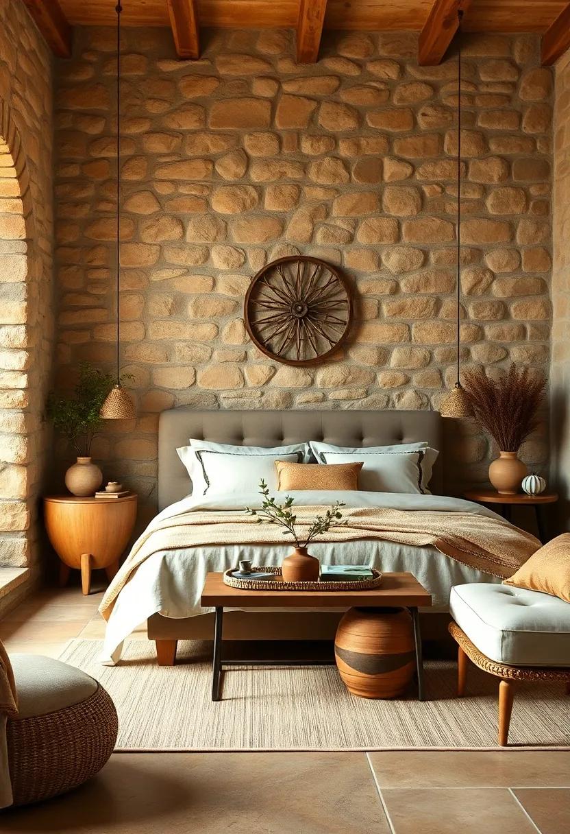 Natural Stone Walls Paired with Earthy Clay Pottery and Olive Branch Decor for a Classic Tuscan Bedroom Look