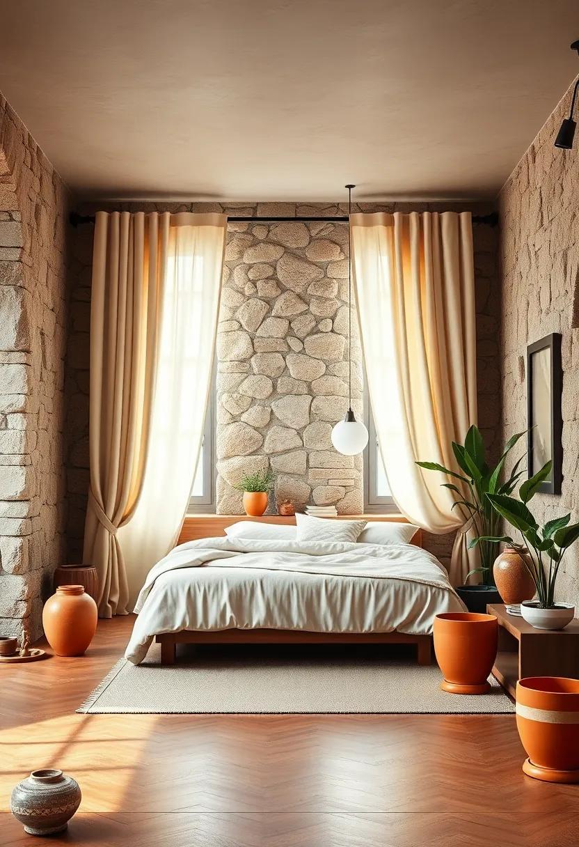 Soft Neutral Drapes Contrasting Against Jagged Stone Walls With Terracotta Plant Pots Adding Colorful Life