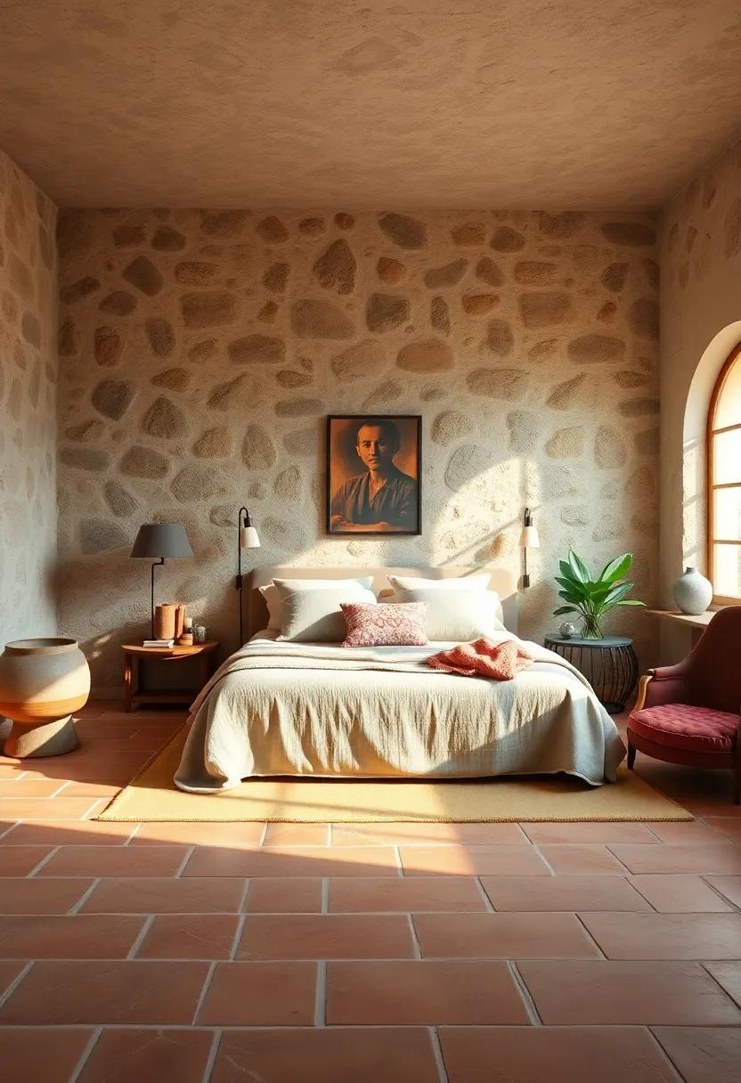 Rustic Terracotta Flooring Complementing Rugged Stone Backdrops and Warm Natural Light in a Bedroom