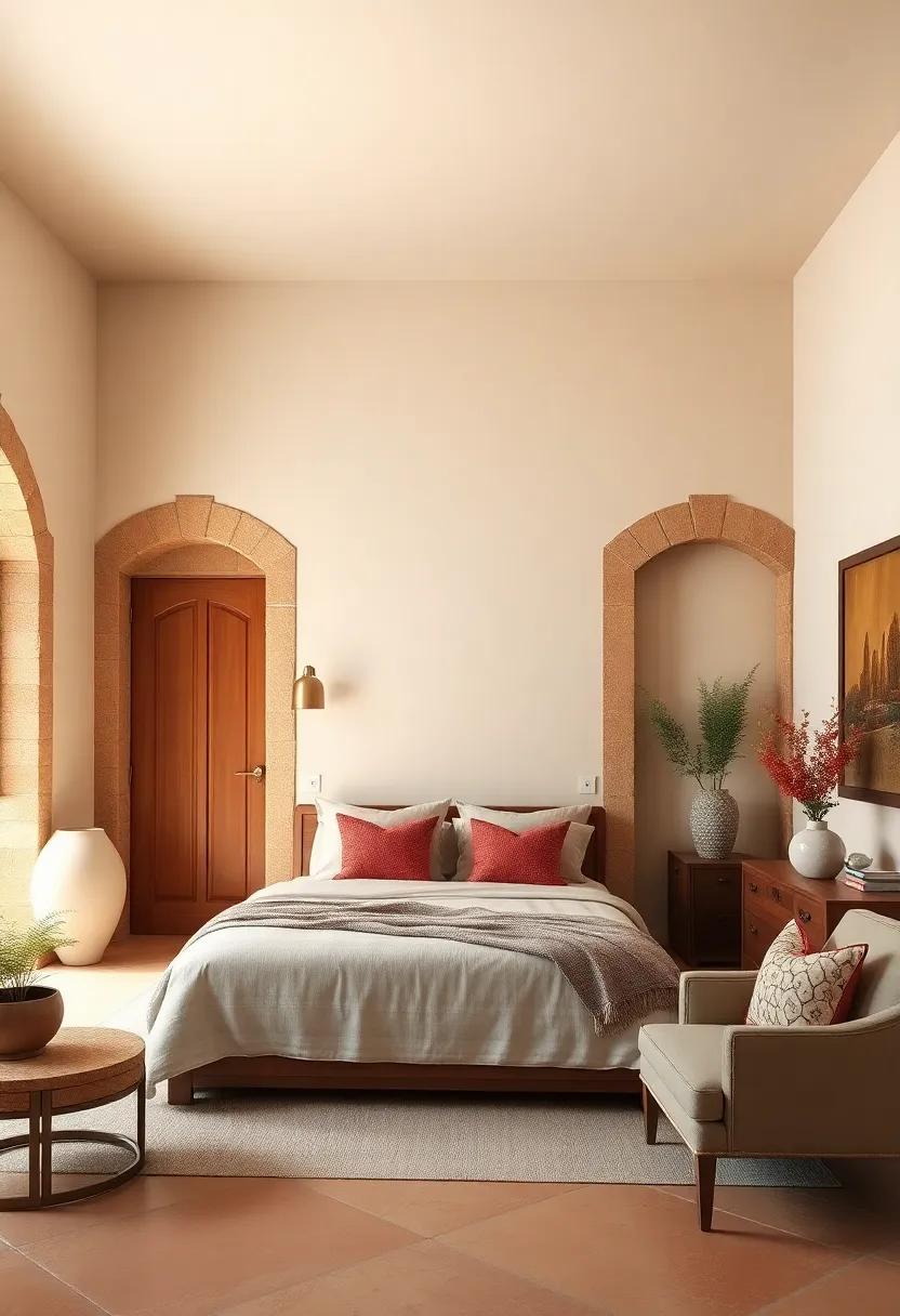 Simple Wooden Shelving Embedded in Stone Walls Holding Books and Clay Vases to Reflect Tuscan Living