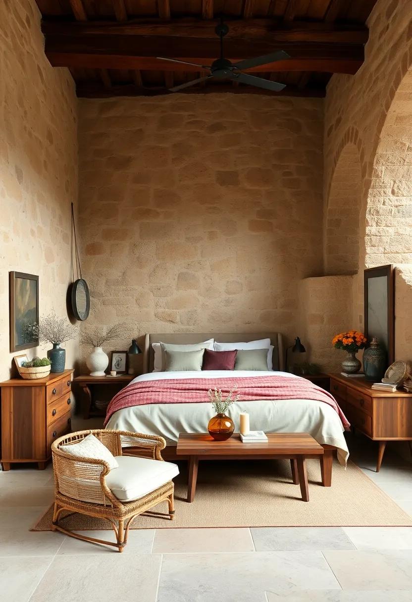 Worn Wooden Furniture Pieces Paired with Intricate Stone Patterns Infusing Old-World Tuscan Charm Indoors