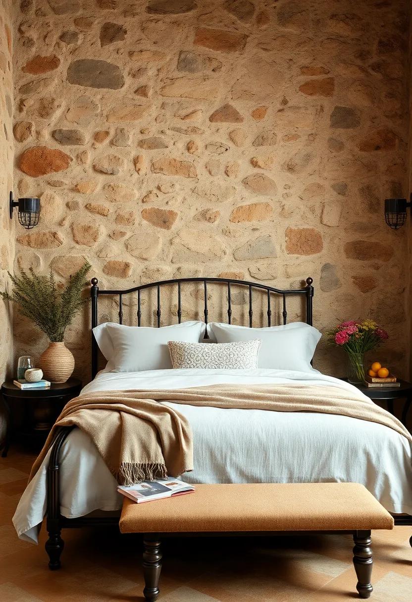 Antique Wrought Iron Bed Frames Nestled by Rough Stone Walls with Soft Natural Fabrics Draped Elegantly