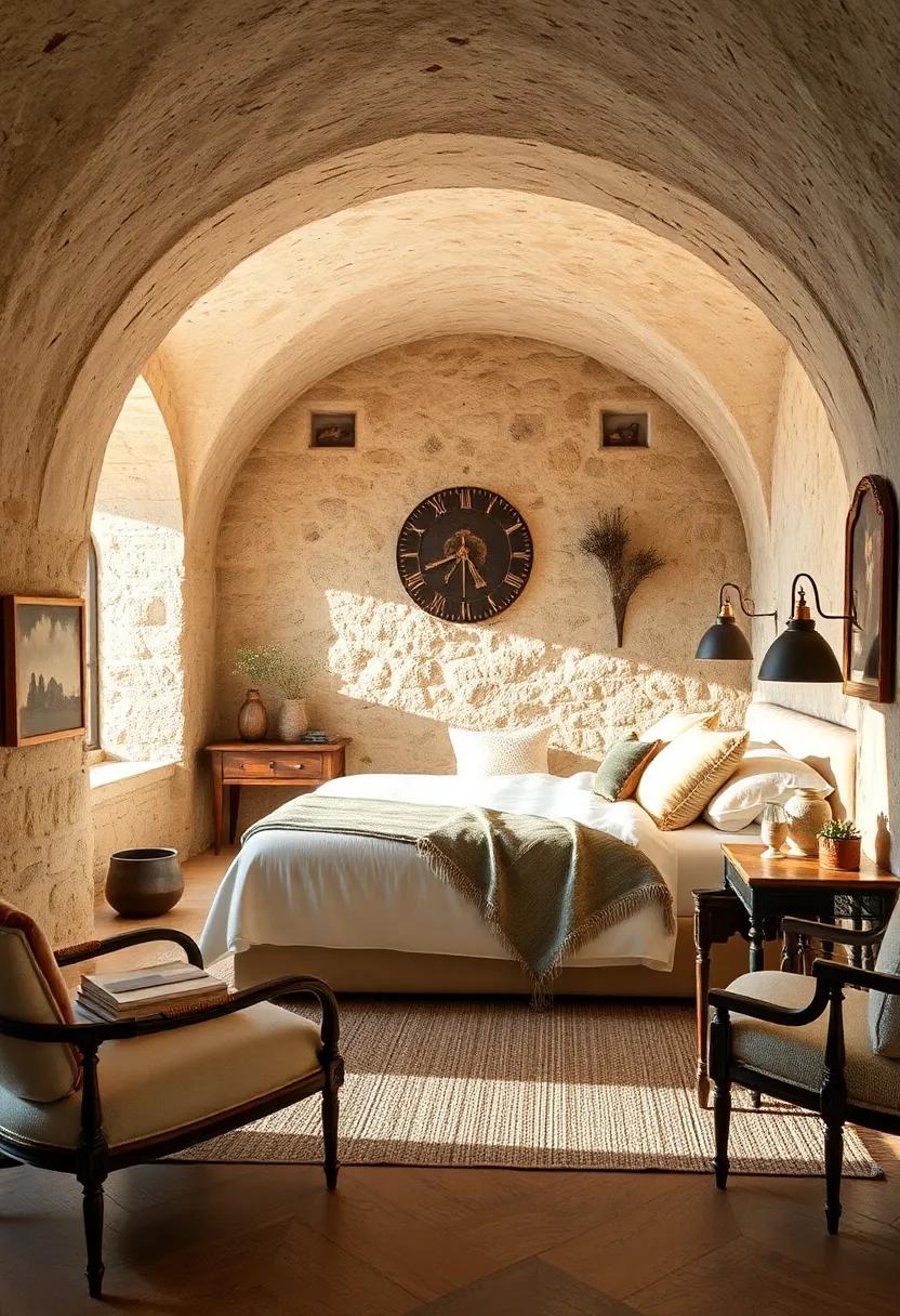 Stone Archways and Cozy Nooks Creating an Inviting and Intimate Tuscan Bedroom Atmosphere
