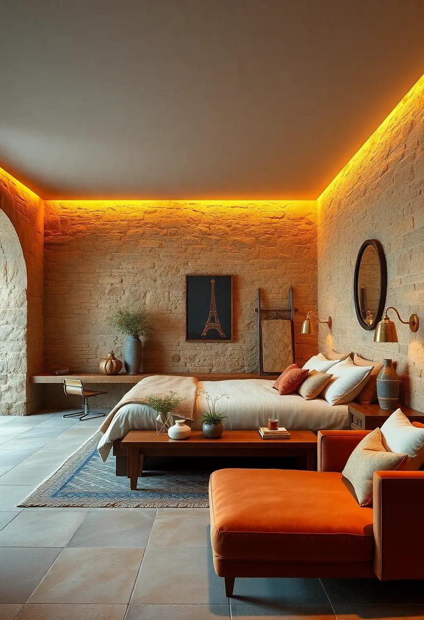 Warm Amber Lighting Enhancing the Rich Textural Contrast Between Earth Tones and Craggy Stone Walls