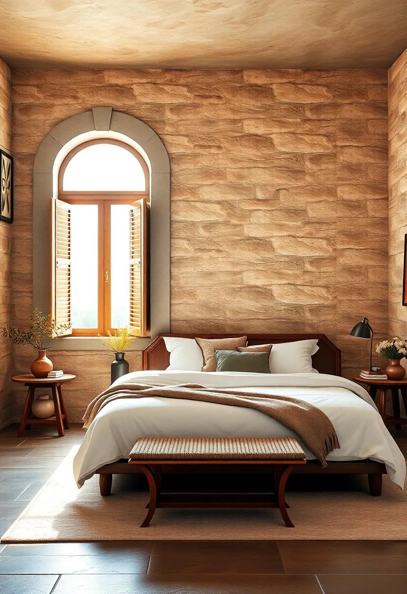 Classic Rustic Wooden Shutters Allowing Warm Tuscan Sunlight to Kiss Stone-Walled Bedroom Interiors