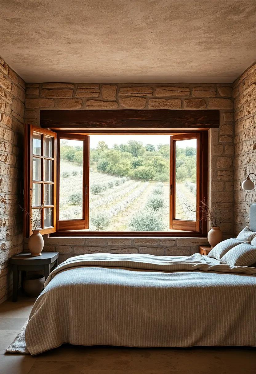 Aged Wooden Window Frames Overlooking Olive Groves Complementing the Rough Stone Bedroom Walls Inside