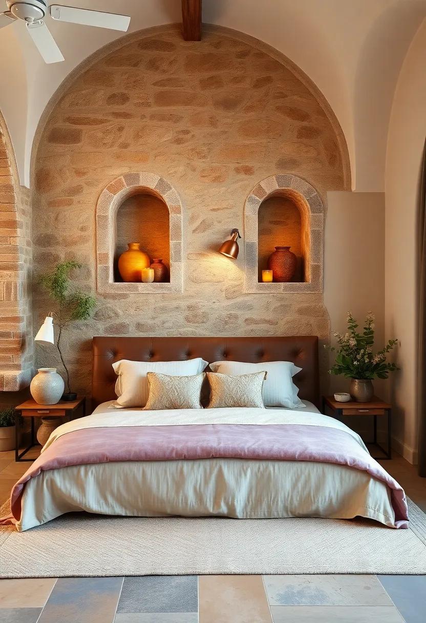 Tuscan Wall Niches Filled with Earthenware Jars and Candles Adding a Touch of Rustic Elegance and Warmth