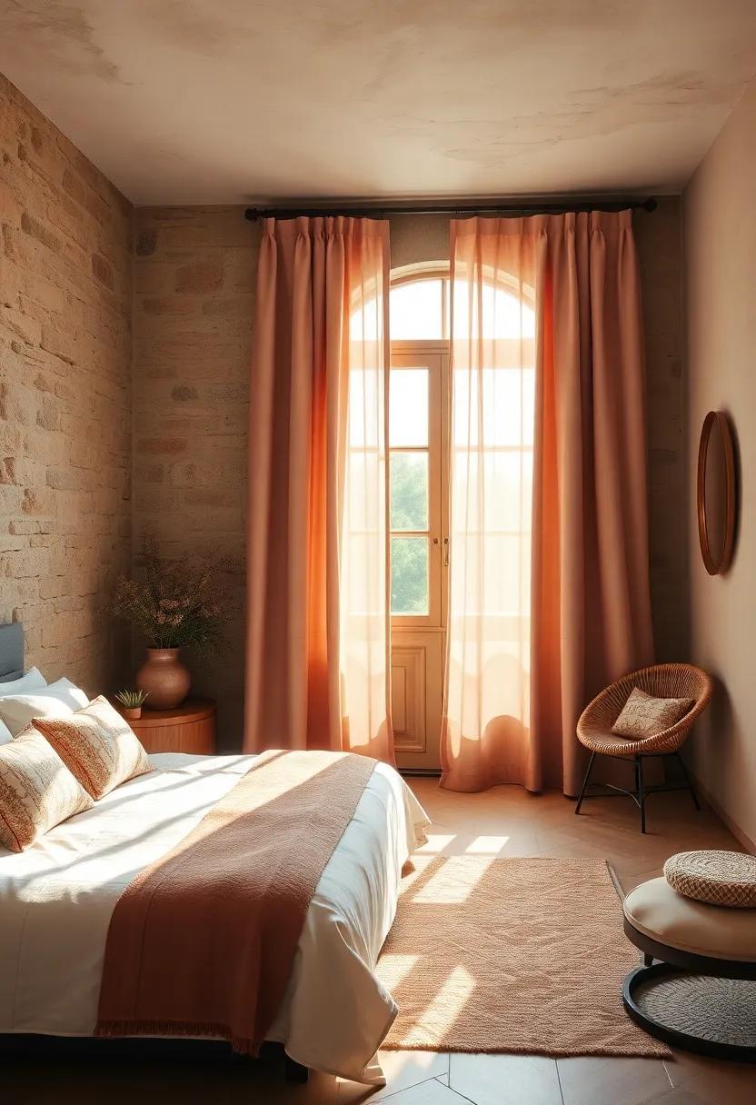 Sunlight Filtering Through Linen Curtains Illuminating Dusty Rose and Olive Hued Earth Tones in Bedroom Space