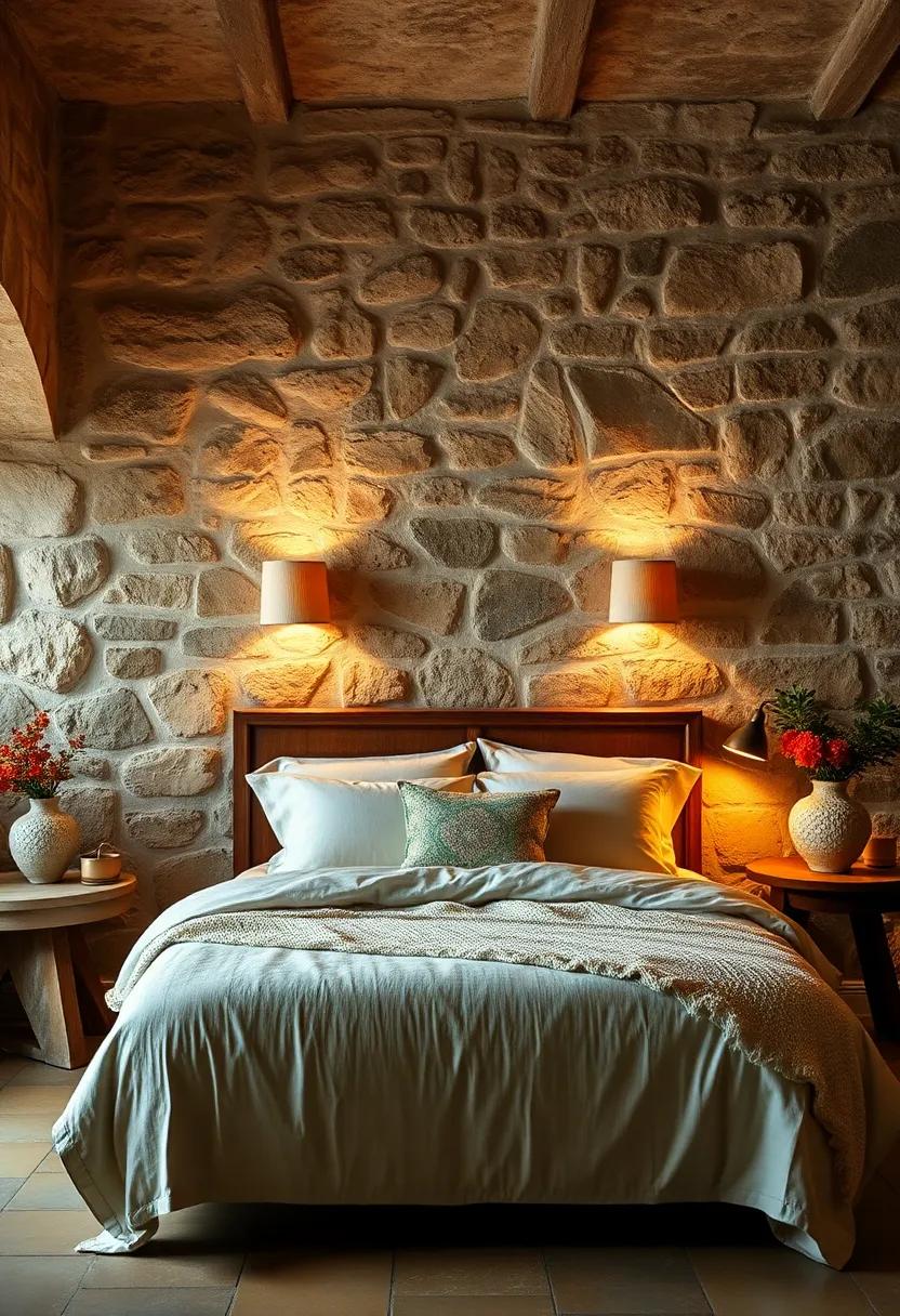 Handcrafted Ceramic Lamps Casting Gentle Light Over Uneven Stone Textures and Cozy Bedding Arrangements