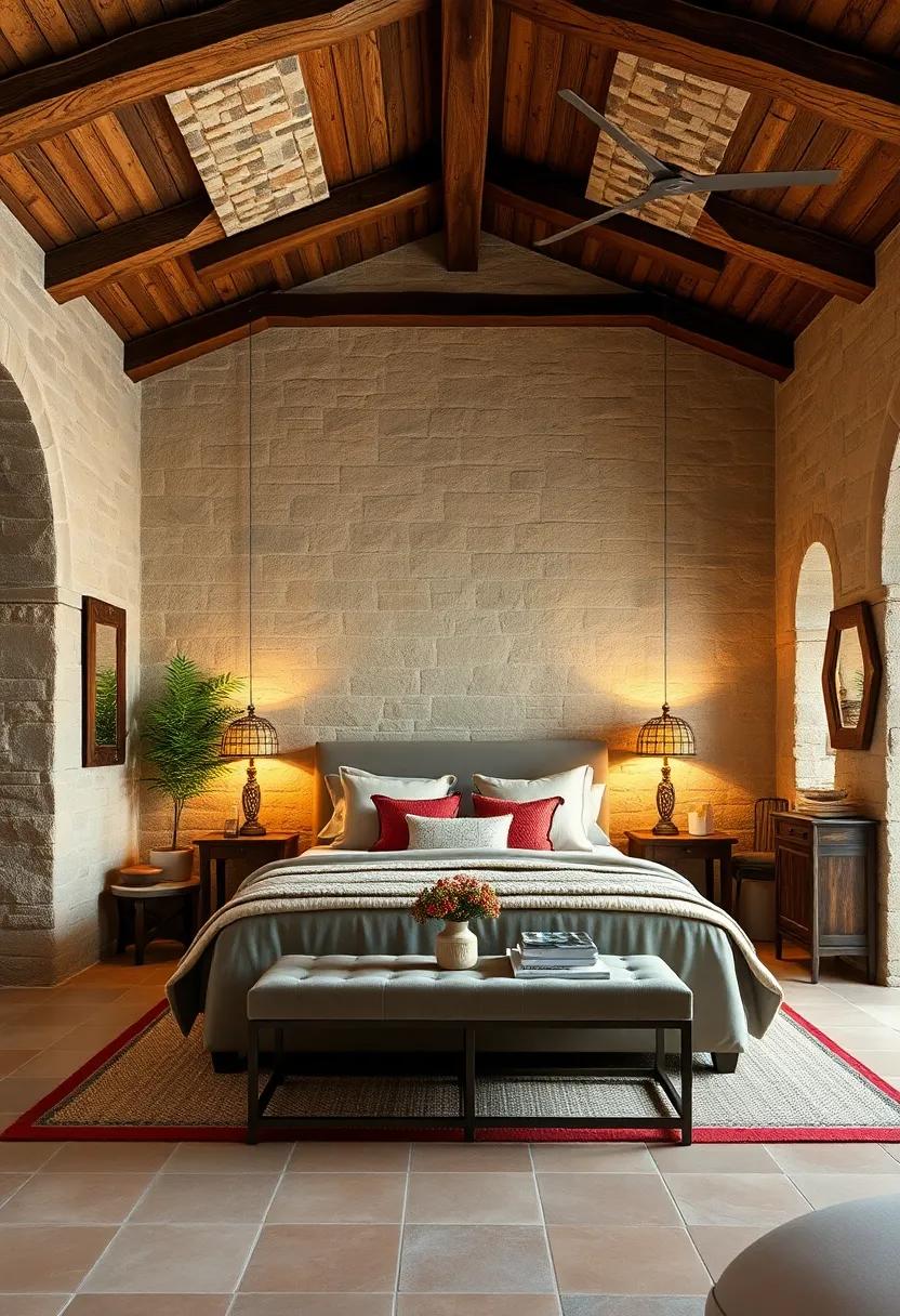 Rustic Wooden Ceiling Beams and Terra Cotta Tiles Framing a Bedroom Sanctuary Rooted in Tuscan Tradition