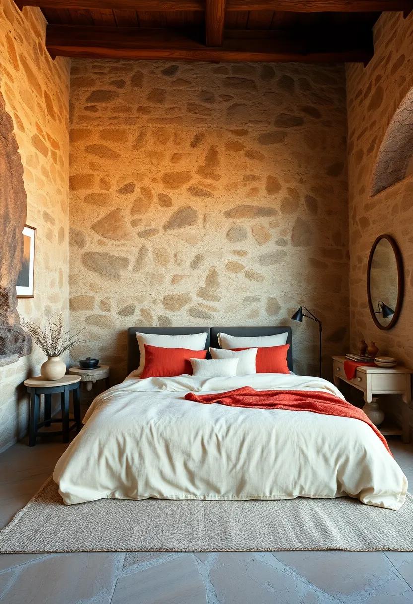 Natural Linen Bedding in Warm Almond Hues Complementing the Raw Stone Walls and Terracotta Accents