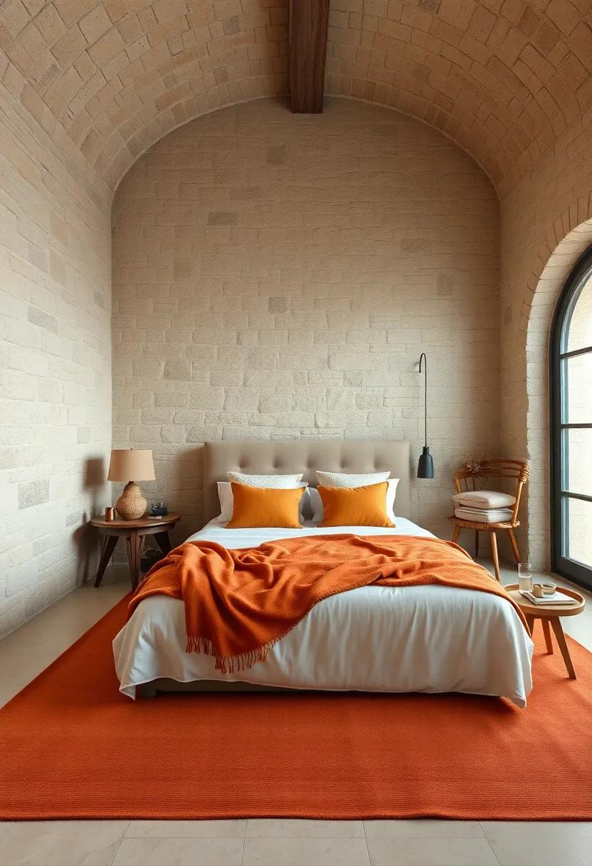 Soft Woolen Rugs in Ochre and Cinnamon Hues Accentuating the Rustic Appeal of Stone-Walled Bedrooms