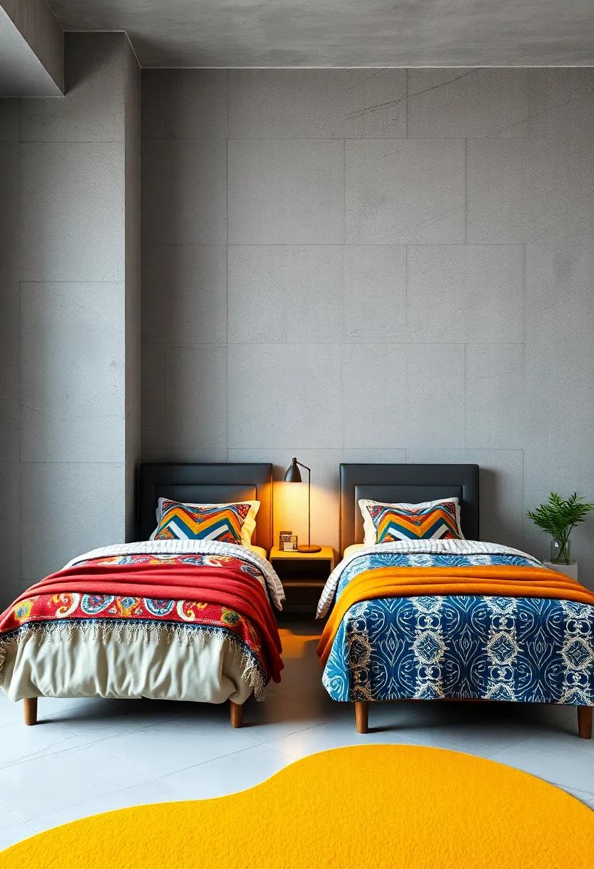 Twin Beds Arranged With Playful Patterns And Bold Colors For A Lively Boys Shared Bedroom Scene