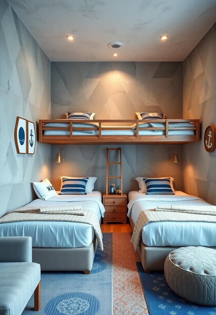 Bunk Beds With Twin Mattresses Surrounded By Nautical Decor And Soft Rugs In A Calm Shared Room